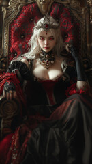 noble elven vampire sitting on a padded red throne, wearing a red and black dress, looking straight ahead, vertical 9:16