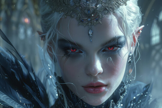 elven vampire queen sitting on her throne, looking intensely with red glowing eyes, elegant sparkling dress with feathers, monitor 3:2