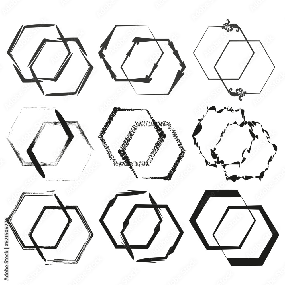 Poster assorted hexagonal frames set. black and white geometric borders. vector decorative designs.