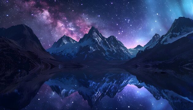 Spectacular nature background of beautiful mountain and lake in starry night with shimmering light, pixie dust, 3D illustration of panoramic mountain view with stars reflect in lake water.