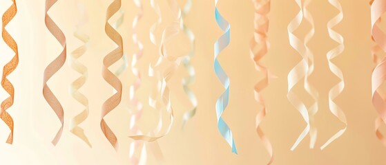 Colorful curly streamers hanging against a peach background, festive and celebratory decorations for parties and events.