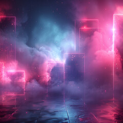 abstract background, metal panels with glowing edges in a back lit smoky room, square 1:1