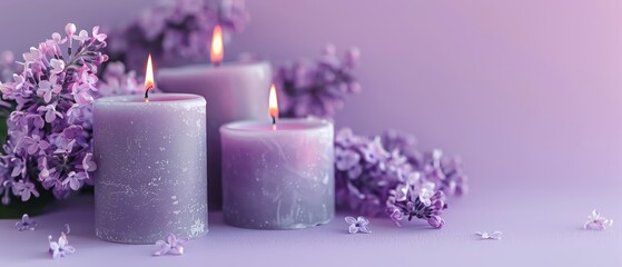 Three lit lavender candles surrounded by lilac flowers, creating a serene and tranquil atmosphere with soft purple hues.
