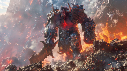 hulking red orc in heavy armor standing in a fiery, chaotic environment