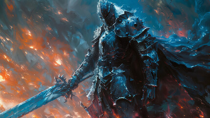 grey knight in armor wielding a greatsword in a dramatic, fiery setting