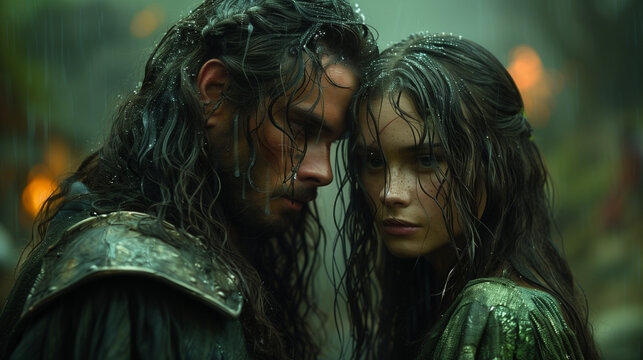 medieval fantasy lovers in green cloaks embrace under the rain, expressing love and concern, wide 16:9