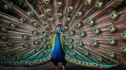 Obraz premium A regal peacock displaying its vibrant plumage in a dazzling courtship dance, feathers fanned out in a mesmerizing display.