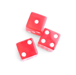 Three red game dices isolated on white, top view