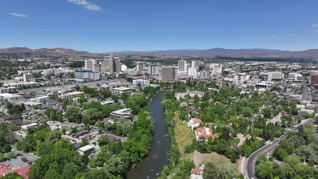 Reno Nevada - Downtown Aerial Approach over Truckee River 