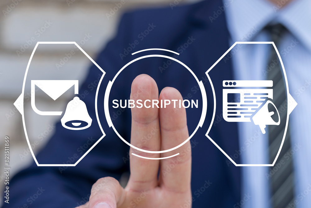 Poster business man working on virtual touch screen presses button with word: subscription. subscribe to vi