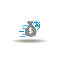 Vector illustration of fast move bag money with stopwatch. Icon of easy loan. Symbol of quick credit.