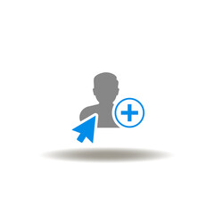 Vector illustration of man with mouse pointer and plus sign. Icon of add user. Symbol of new profile creation.