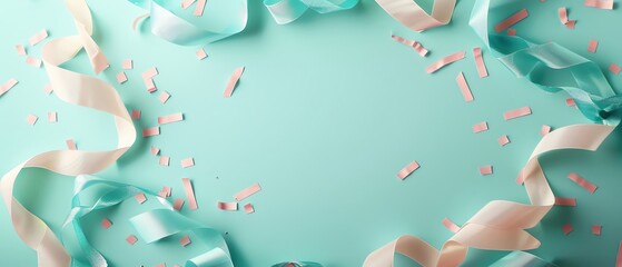 A festive background with teal and white ribbons and confetti, perfect for celebrations and party invitations.