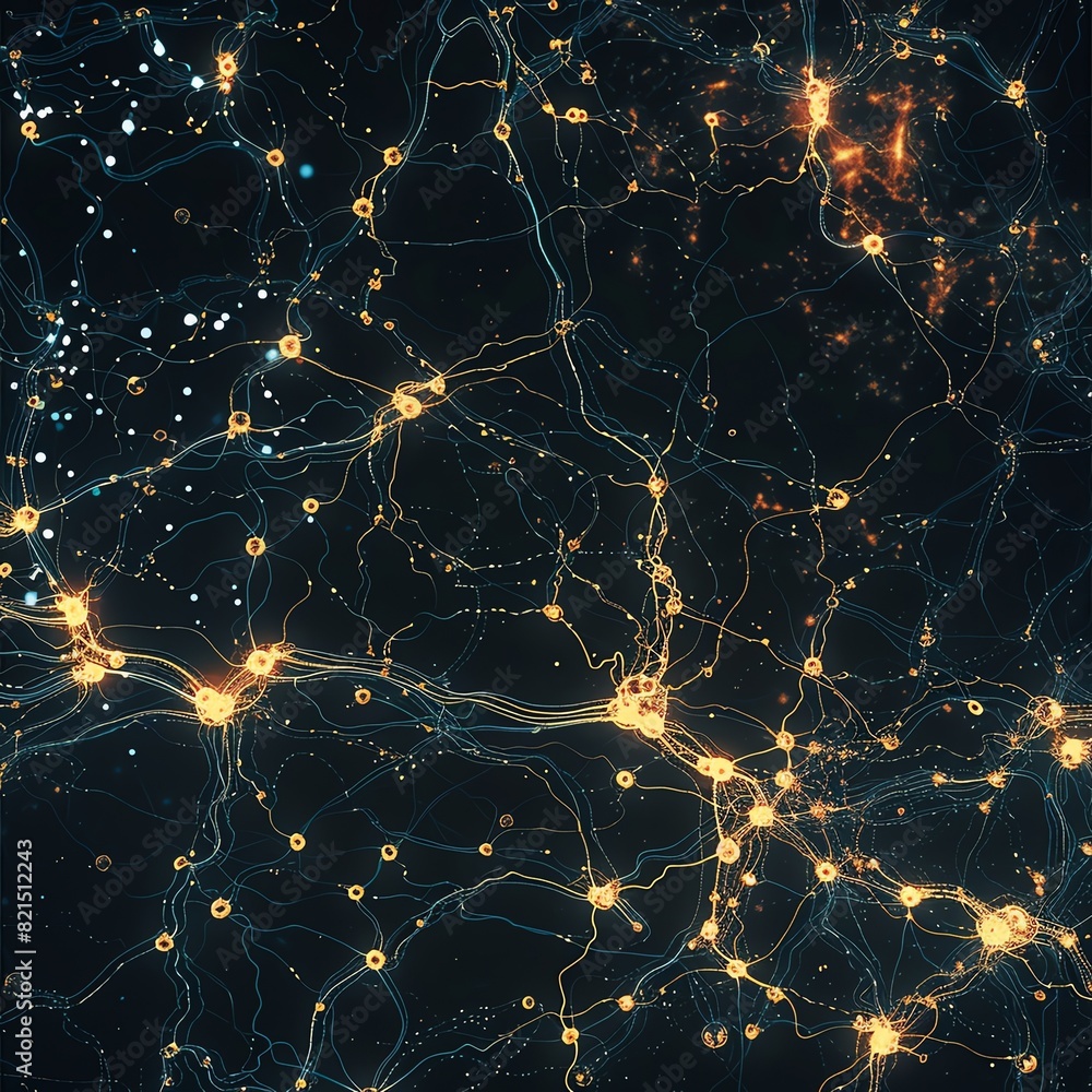 Poster abstract futuristic network visualization with interconnected glowing nodes and lines, representing 