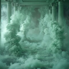 Green smoke and fog swirling ominously. 