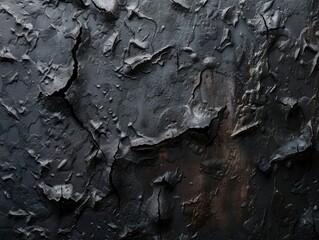 Weathered, irregular black and grey stone surface displaying various cracks, cavities, and other unique weathering patterns. Earthy, natural material concept