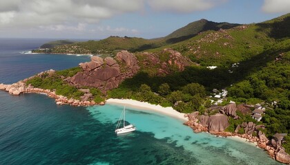 aerial pano of grand anse beach at la digue island in seychelles white sandy beach with blue ocean lagoon and catamaran yacht moored