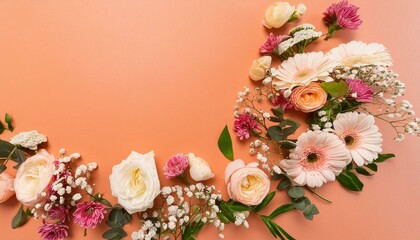 Aerial perspective of assorted blooms on salmon backdrop featuring text insertion site