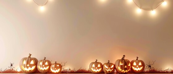 Festive Halloween pumpkins with carved faces illuminated, set in a cozy atmosphere with warm lights in the background.