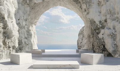 Serene seaside natural stone archway with white benches