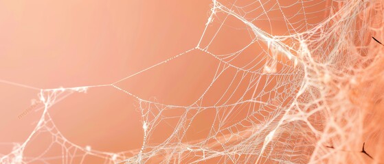 Close-up of a delicate spider web on a warm, peach-toned background. Intricate network of web strands showcasing nature's ingenuity.