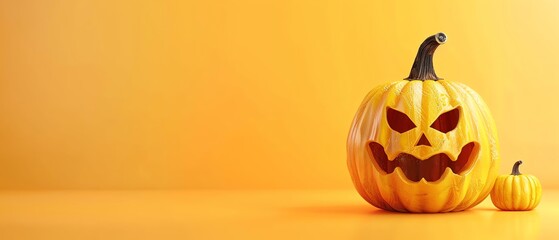 Halloween scene with large and small carved pumpkins on an orange background, perfect for festive and spooky autumn celebrations.
