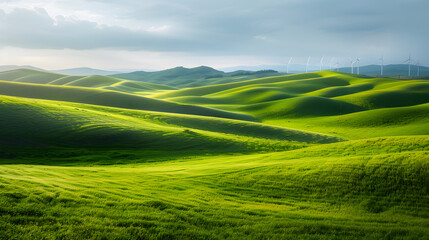 Fototapeta premium A field of grass with wind turbines in the background