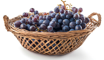 A visually stunning image showcasing a woven wicker basket overflowing with ripe, succulent grapes, their plumpness accentuated against a backdrop of pure white. - Powered by Adobe