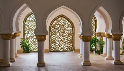 Arches of the palace. A stage with a golden arabic pattern.