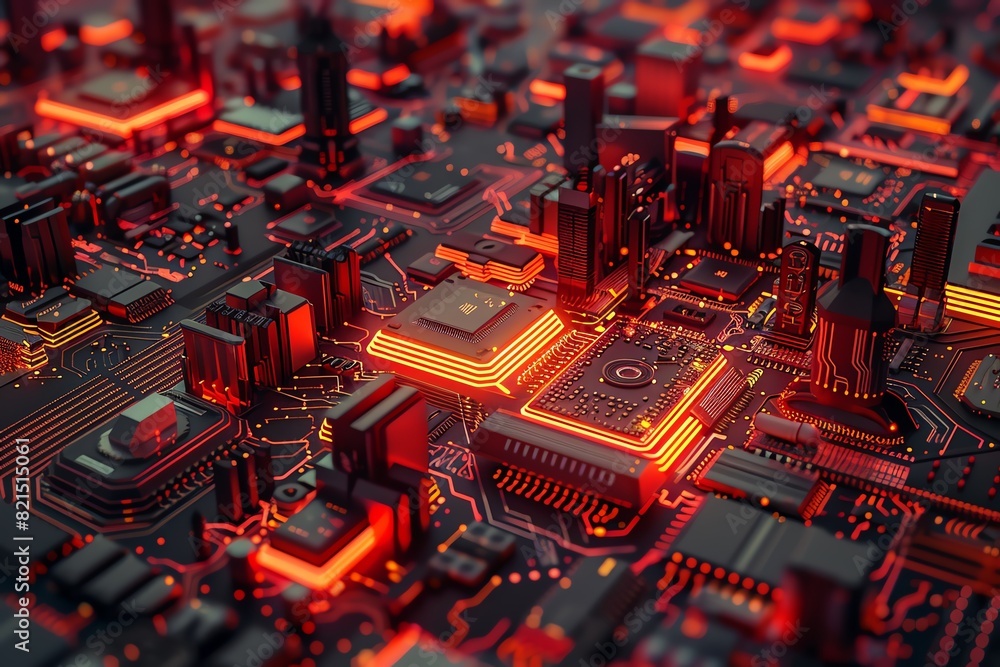 Poster abstract futuristic circuit board with glowing red elements, showcasing advanced technology and intr
