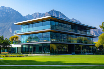 Obraz premium Modern Building on a blue sky backdrop.Modern concrete architecture. 