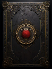 Fototapeta premium A black leather grimoire cover with golden decoration and a red gem in the center