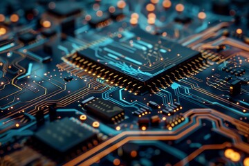 Fototapeta premium Close-up of a computer motherboard with intricate circuit details and components, showcasing technology and connectivity.