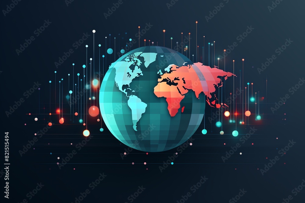 Poster digital representation of earth with data points, representing global connectivity and technological