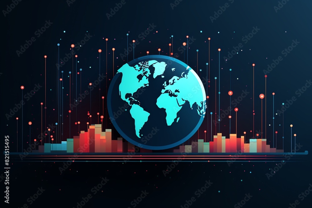 Poster digital world map with data visualization in futuristic style, showcasing global trends and analytic