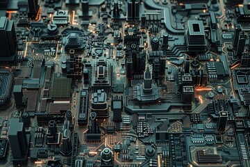 Fototapeta premium Futuristic cityscape blending urban architecture with electronic circuit design, illustrating a hi-tech metropolis concept.