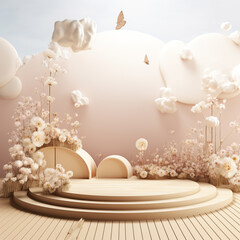 A minimalist scene of beige podium display with garden floral and flower natural details.  Showcase for the presentation of natural products and cosmetics.