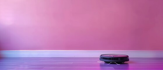 Modern robotic vacuum cleaner working on a stylish pink floor, showcasing smart home technology and advanced cleaning solutions.