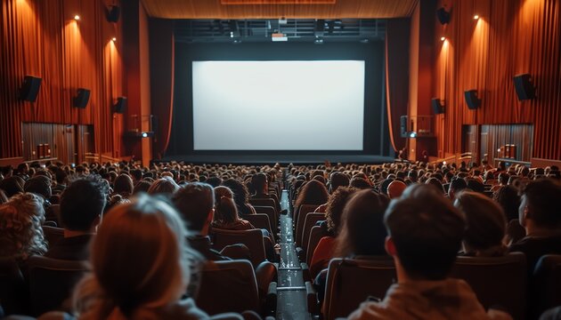 A captive audience in a cinema looking at a large blank screen waiting for a movie