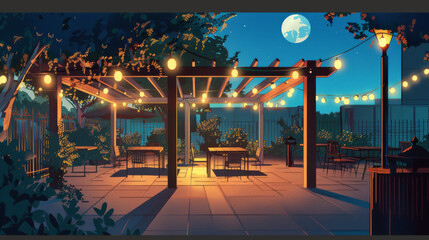Cartoons of Outdoor dining area with a pergola and string lights,Expressionist urban scenes