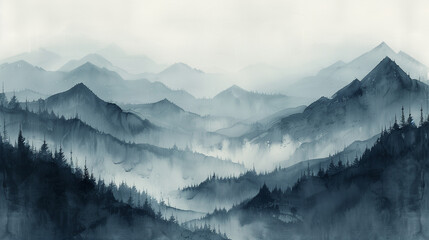 black and white abstract painting of a mountain chain riddled with trees, in a deep fog