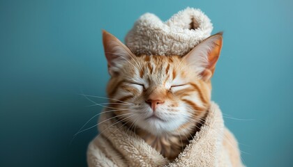 Orange cat in a spa robe with a towel on its head, eyes closed, blue background