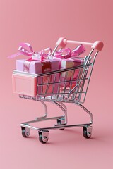 Miniature shopping cart with gifts, pastel pink background