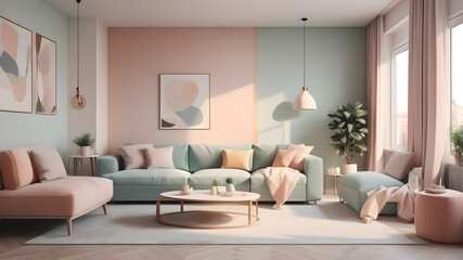 Apartment interior in soft pastel colors, modern style in the interior, photo realistic