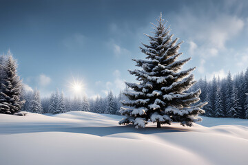 Fototapeta premium A beautiful dreamy winter scene with a snow-covered house nestled amongst snowy evergreens