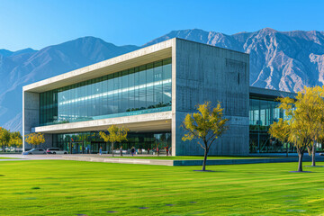 Fototapeta premium Modern Building on a blue sky backdrop.Modern concrete architecture. 