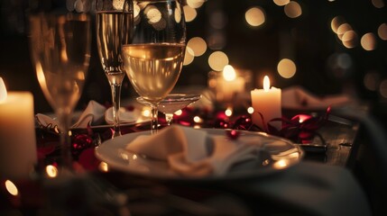 romantic dining table with burning candles and glasses of drinks