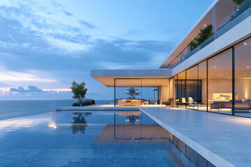 Fototapeta premium Luxury Island Villa With Infinity Pool At Sunset. 