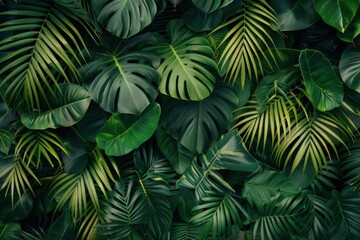 Top view of lush palm leaves background.