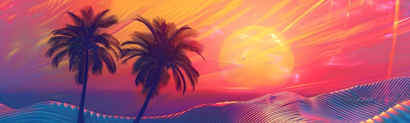 Fototapeta premium Background with sunset sky and palm trees, tropical resort